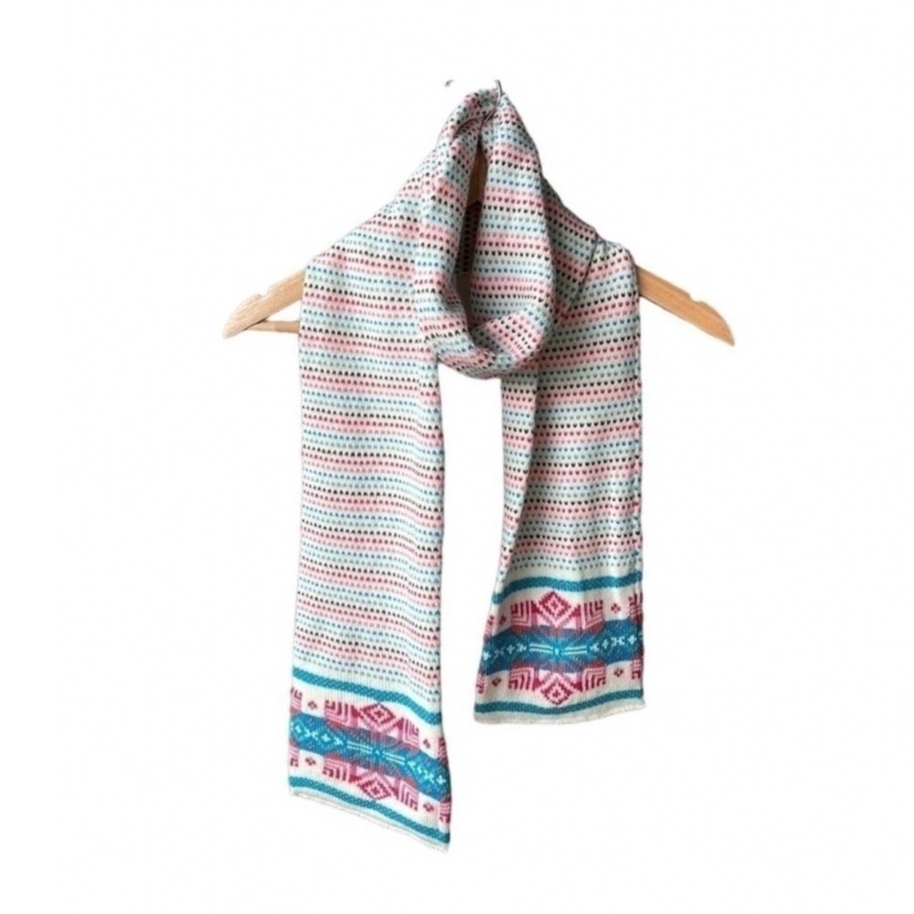 Scarf Fair Isle Geometric Knit Cream Pink Teal Blue Nordic Winter Accessory
